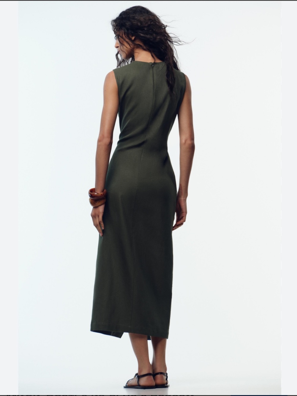 Zara Olive Green LINEN BELTED MIDI DRESS - Picture 11 of 15
